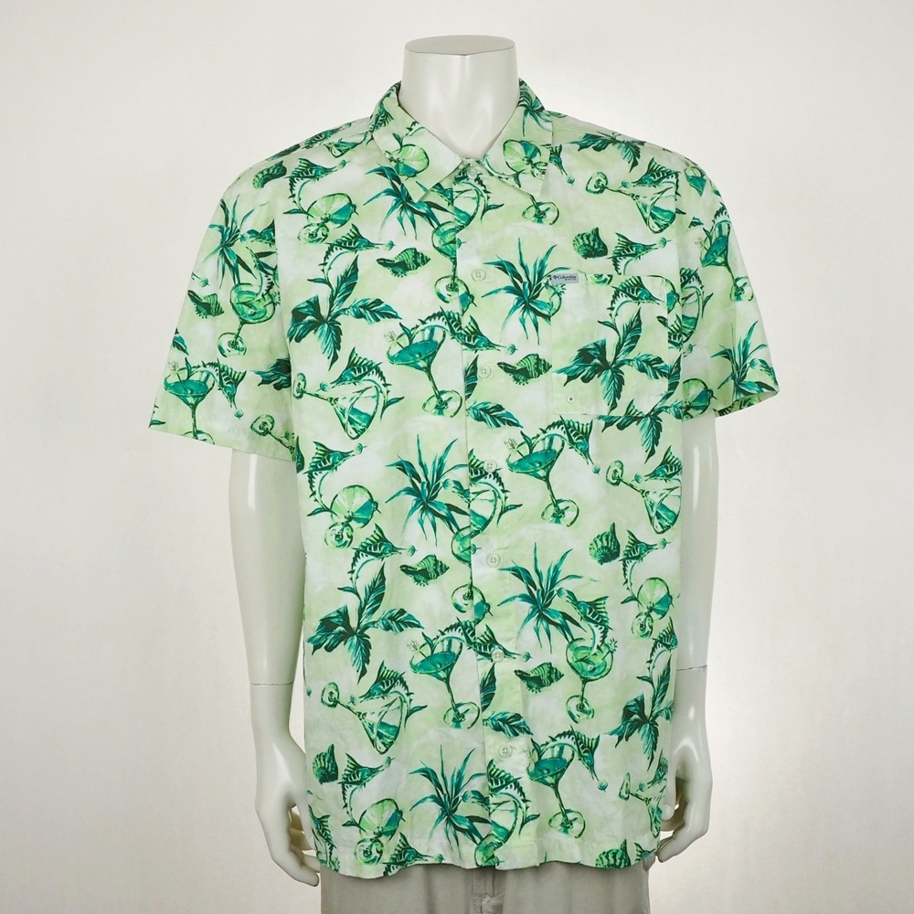 Columbia PFG Trollers Best Fishing Button Down Shirt Mens Sz XL Green Fish Print